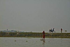40% of Bangladesh is under water during the monsoons.   Tracks between villages are often on top of flood barriers.  Rickshaws are the main form of transport.  This is in the Sundarbans, the largest area of mangrove swamps in the world, about 30 miles from the Bay of Bengal.