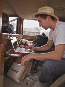 Oliver was with us for much of the journey.  He used the walnut veneered cocktail cabinets in the back of the Rolls as his editing suite.