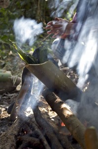 We baked rice, fish and vegetables in fresh-cut bamboo over an open fire during our walks in Namdapha.